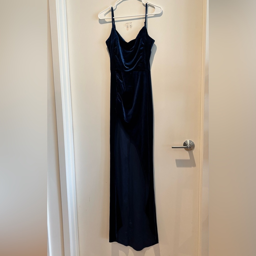 Navy Blue Split-Thigh Cowl-Neck Velvet Gown